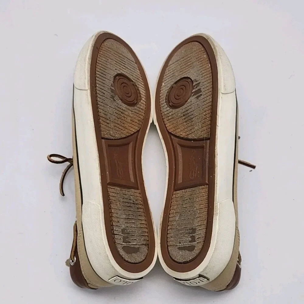 Polo Ralph Lauren Boat Shoes Men Sz 9.5 D Tan Brown Canvas Leather Rylander